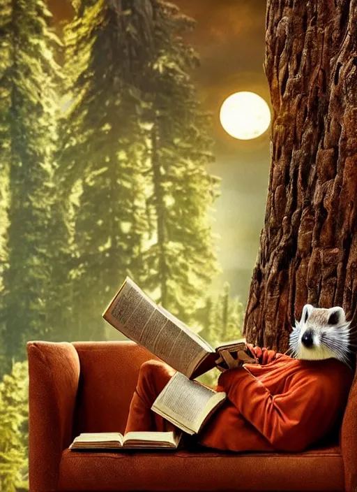 Prompt: A beautiful scene from a 2022 fantasy film featuring a humanoid pine marten wearing loose white clothing reading an ancient tome on a couch. An anthropomorphic pine marten. Golden hour.