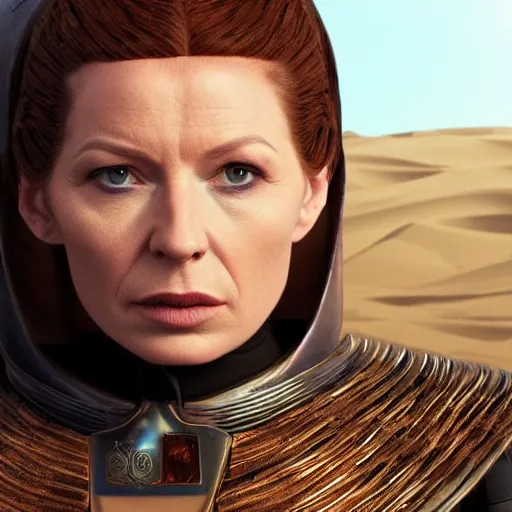 Image similar to Rebecca Ferguson as lady Jessica from Dune photo realistic 4k extremely beautiful