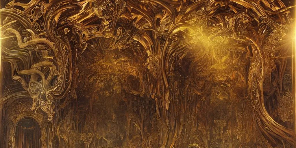 Image similar to ancient temple made of ribs and spines and teeth, gold ram horns, copper goat skulls, grand imposing powerful sculpture. swirls of mist. sunrise, intense light beams, lens flare. occult photorealism, uhd, amazing depth, volumetric lighting, cinematic lighting. epic landscape. alphonse mucha.