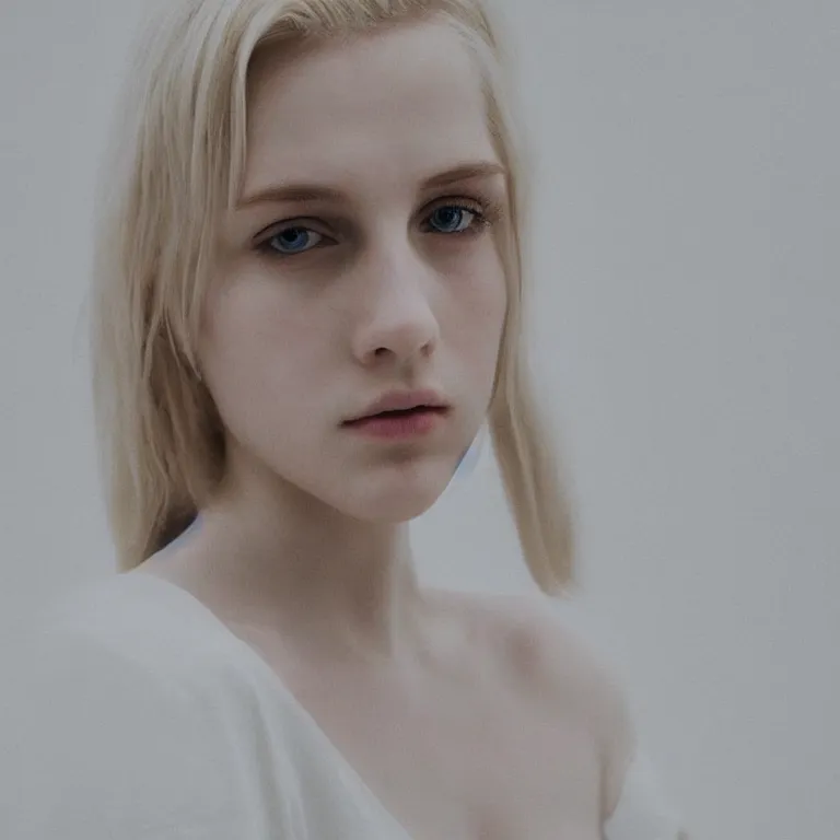 Image similar to cute annie leonhart in a white room, beautiful face, pale skin, rule of thirds, cinematic lighting, rainy weather, melancholy atmosphere, sharp focus, backlit, stunning, model agency, smooth, hard focus, full body shot, instagram photo, shot on iphone 1 3 pro max, hyper realistic,