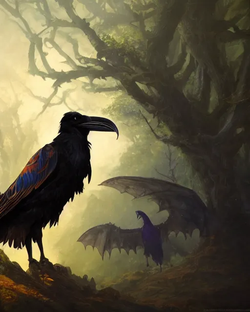 Image similar to oil painting of a Anthropomorphized raven shaman and dragon, sharp focus, fantasy artwork, octane render, volumetric lighting, 8k high definition, by greg rutkowski, highly detailed, trending on art Station, magic the gathering artwork, Woodland background, centered