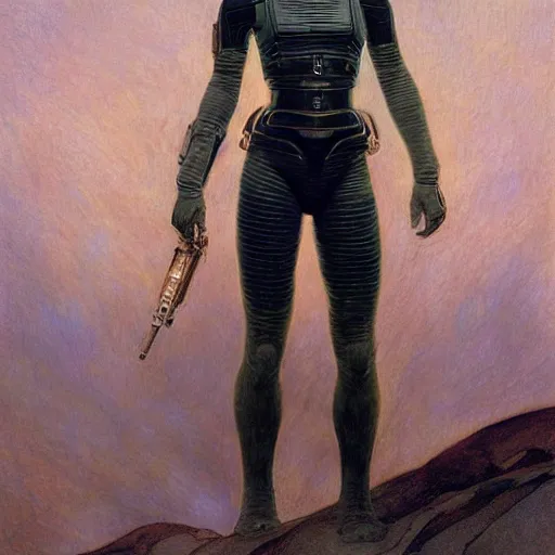 Image similar to masterpiece full body portrait Ripley on Dune, by Edgar Maxence and Ross Tran and Michael Whelan and Gustav Klimpt