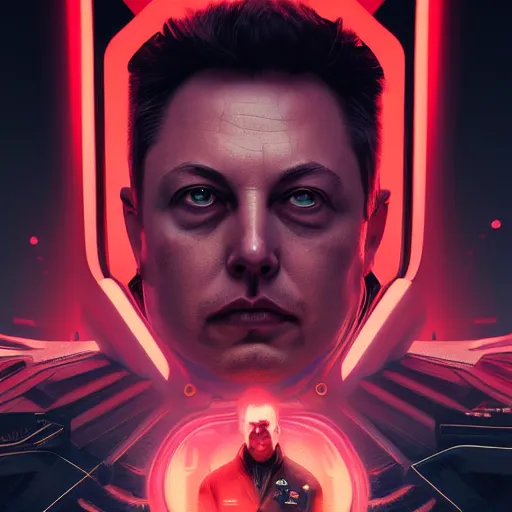 Prompt: ominous portrait, portrait of chubby Elon Musk as a cyberpunk 2077 loading screen, symmetry, front view, intricate, studio, art by anthony macbain + greg rutkowski + alphonse mucha, concept art, 4k, sharp focus