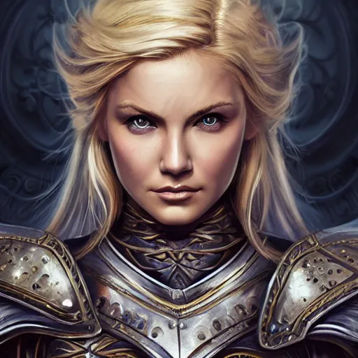 Prompt: head-on centered symmetrical painted portrait, Elisha Cuthbert as a paladin, blonde hair, iron chainmail armour, dramatic lighting, intricate, fantasy, intricate, elegant, highly detailed, digital painting, smooth, sharp focus, illustration, dramatic lighting, artstation, in the style of Artgerm and Anna Podedworna