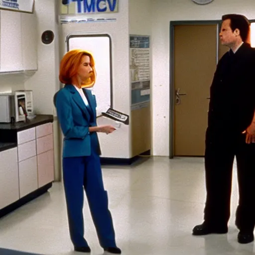 Image similar to mulder and scully investigate the fridge at the dmv, television still