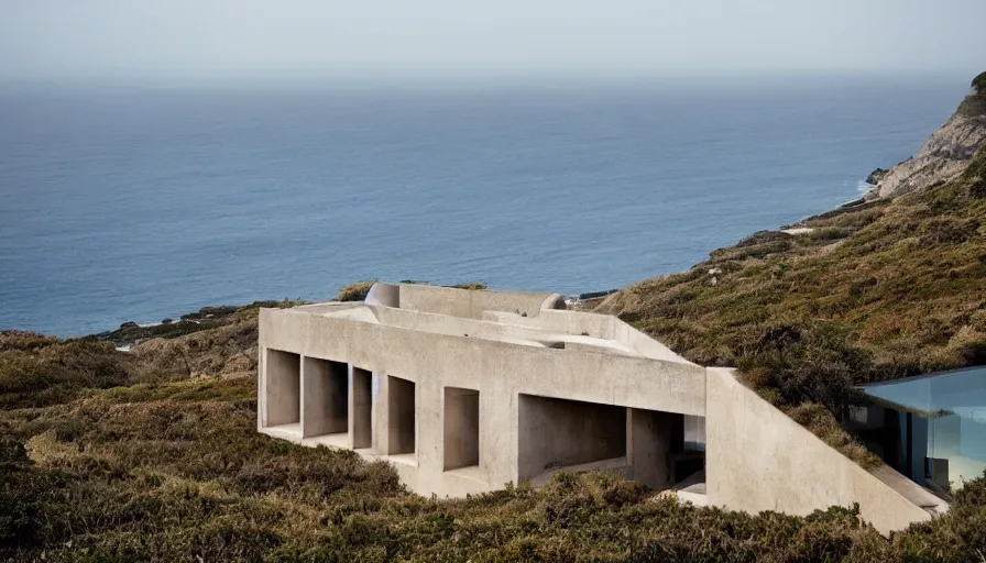 Image similar to coastal perched on a cliff overlooking a magnificient bay, brutalism architecture, drawing architecture, pritzker architecture prize, greig fraser