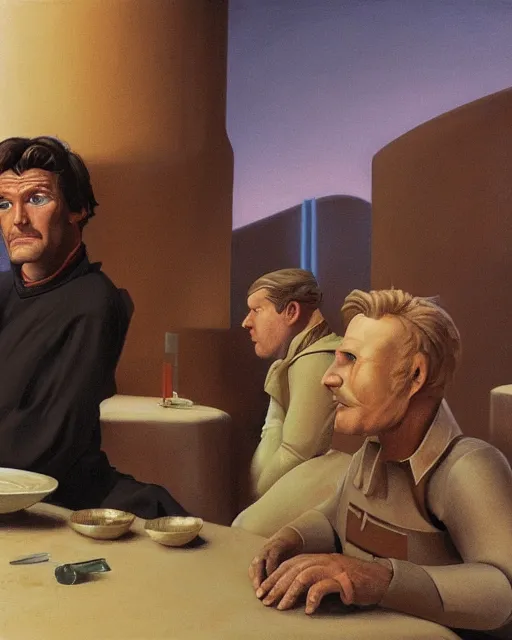 Prompt: rhett sarlin sitting at a table in a cantina on tatooine, portrait by ralph mcquarrie