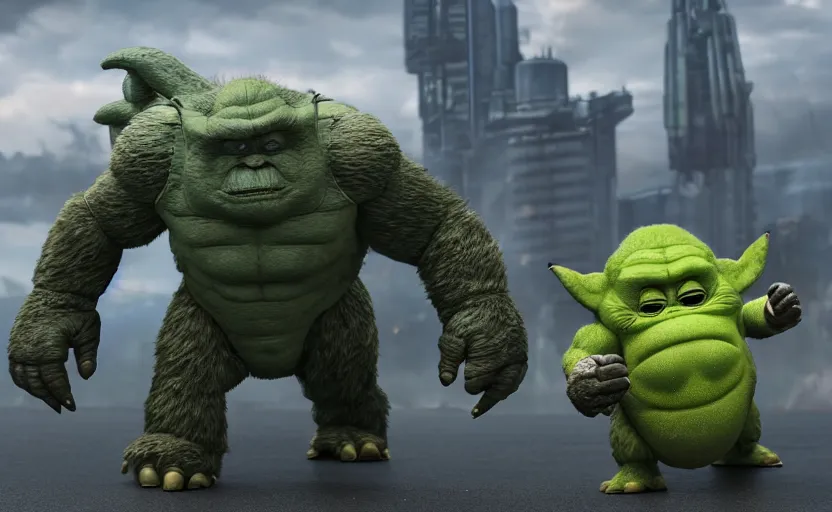 Image similar to transformers godzilla yoda donkey kong pikachu yeti shrek super robot homer groot waluigi darth vader mike wazowski, highly detailed, extremely high quality, hd, 4 k, 8 k, professional photographer, 4 0 mp, lifelike, top - rated, award winning, cinematic, realistic, detailed lighting, detailed shadows, sharp, no blur, edited, corrected, trending