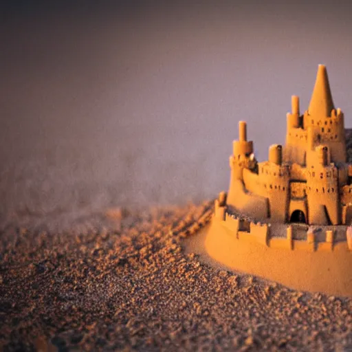 Image similar to gigantic human crowds inside sandcastle, coronation of the sand queen, sunset, tiltshift