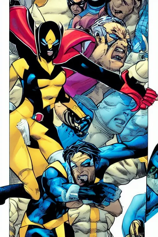 Image similar to uncanny x - men comic book panel containing wolverine and jubilee, illustrated by jim lee