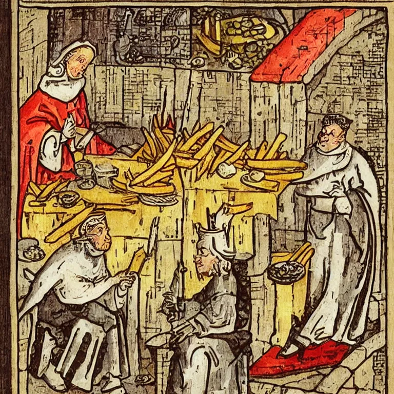 Image similar to middle age illustrated recipe for french fry ( ( ( ( a french fry cone ) ) ) ) lot of medieval enluminures in the background explaining the recipe, schematic in a notebook