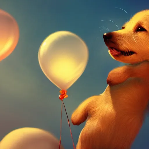 Prompt: puppy flying holding balloons, 8k, fantasy, intricate, cinematic lighting, highly detailed, digital painting, artstation, concept art, smooth, sharp focus, illustration, by Pixar