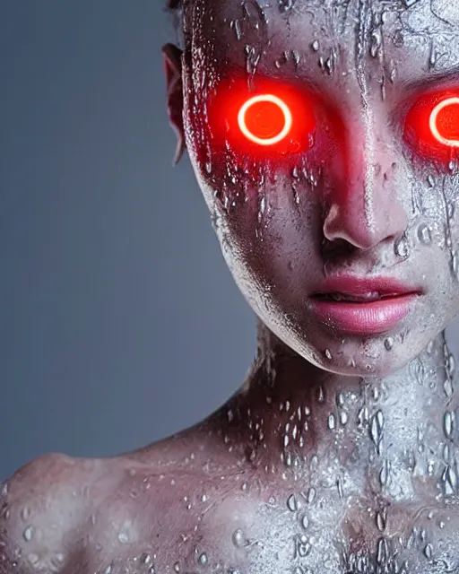 Image similar to portrait photo of female dancer as a cyberpunk mecha humanoid robotic head shoulder parts with straight bright led lights, wet skin with water dripping down face, ultra - realistic and detailed, 8 k hdr