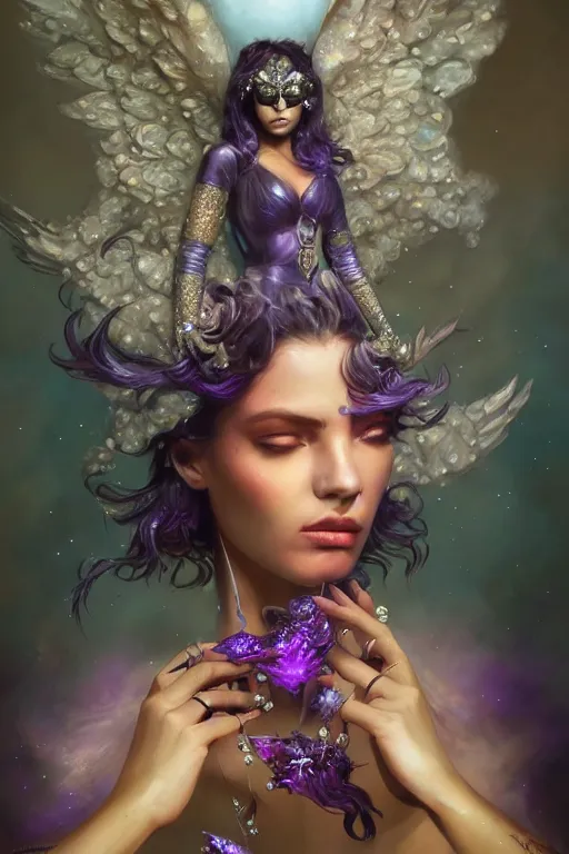 Prompt: beautifulmodel face covered with diamonds wearing crystals, diamonds, angel, fantasy, dramatic lighting, highly detailed, digital painting, magic the gathering, purple background storm, hyper detailed, 3 d render, hyper realistic detailed portrait, peter mohrbacher, wlop, ruan jia