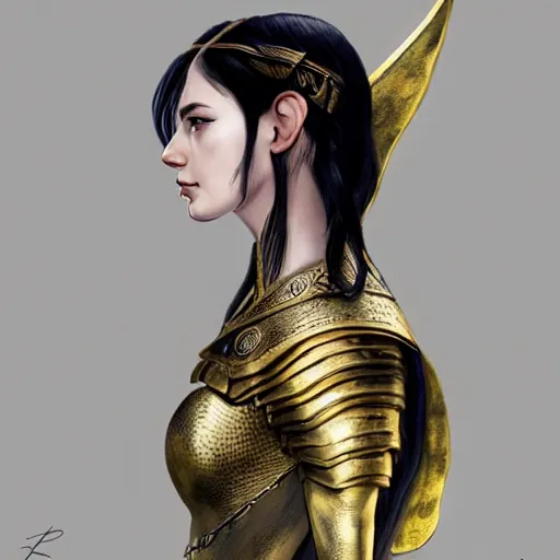 Prompt: side portrait of a young female elven warrior, fantasy, black hair, gold armour, white skin, detailed face, trending on artstation, gsociety, D&D, elegant, highly detailed, realistic eyes, detailed illustration, smooth, sharp focus, upper body, intricate, rule of thirds, holy glow, backlit, hd 4k by Greg Rutkowski, Alphonse Mucha, Ayami Kojima, Charlie Bowater, Kentaro Miura, Karol Bak, Greg Hildebrandt, Norman Rockwell