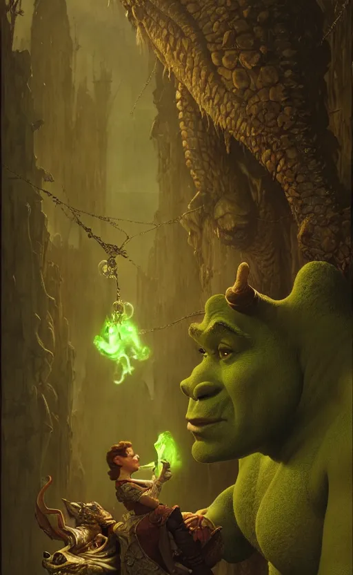 Image similar to shrek dragon gorgeous lighting by weta studio, mucha, bautista and norman rockwell and greg rutkowski and tom bagshaw and james gurney and lucasfilm