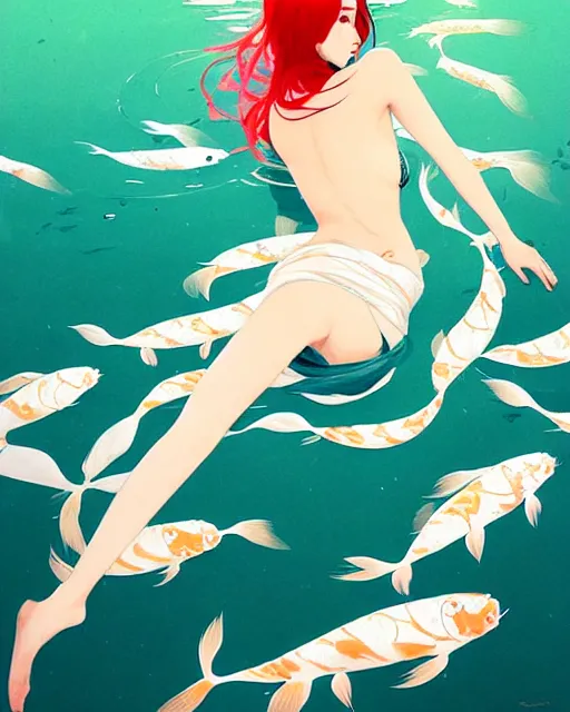 Prompt: a ultradetailed beautiful panting of a stylish woman surrounded by floating koi fish, by conrad roset, greg rutkowski and makoto shinkai, trending on artstation