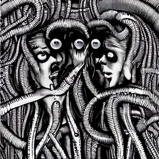 Image similar to two eldritch women abominations of unimaginable horror kissing each other by h. r. giger and junji ito, speculative evolution, op art with big bold patterns