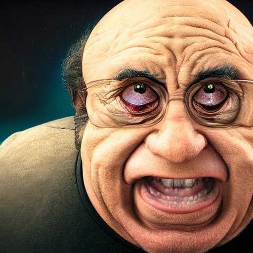 Image similar to hyperrealistic mixed media high resolution image of Danny DeVito in Total Recall as an alien, stunning 3d render inspired art by István Sándorfi and Greg Rutkowski and Unreal Engine, perfect symmetry, dim volumetric lighting, 8k octane beautifully detailed render, post-processing, extremely hyper-detailed, intricate, epic composition, highly detailed attributes, highly detailed atmosphere, full body shot, cinematic lighting, masterpiece, trending on artstation, very very detailed, masterpiece, stunning, flawless structure, lifelike texture, perfection,