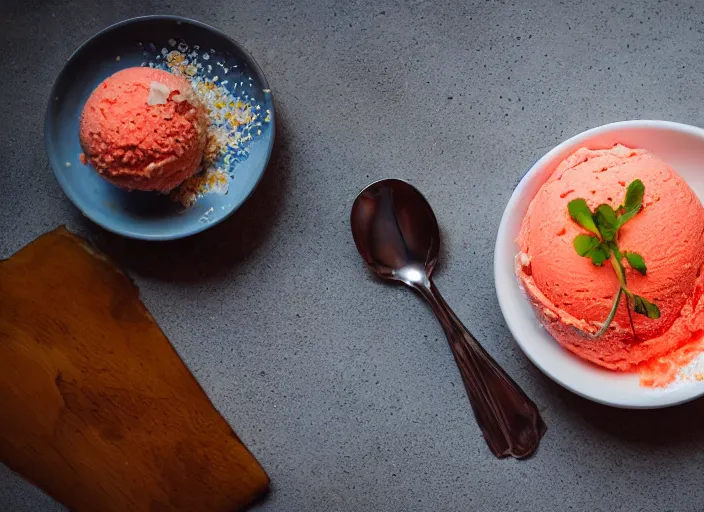 Prompt: dslr food photograph of salmon roe ice cream sundae, 8 5 mm f 1. 8