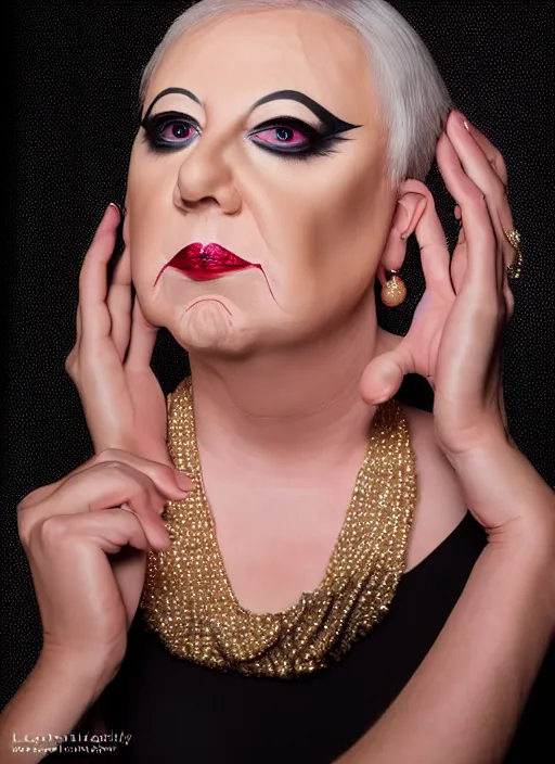 Image similar to studio portrait of lindsey graham in full drag dressed in drag dressed as a woman makeup, 8 k, studio lighting, key light, back light, sequents,