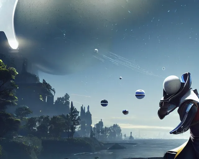 Image similar to the traveler in destiny 2 but it's a ping pong ball floating in the sky over a large city digital art 3 d 4 k wallpaper cover art destiny 2 fanart cinematic