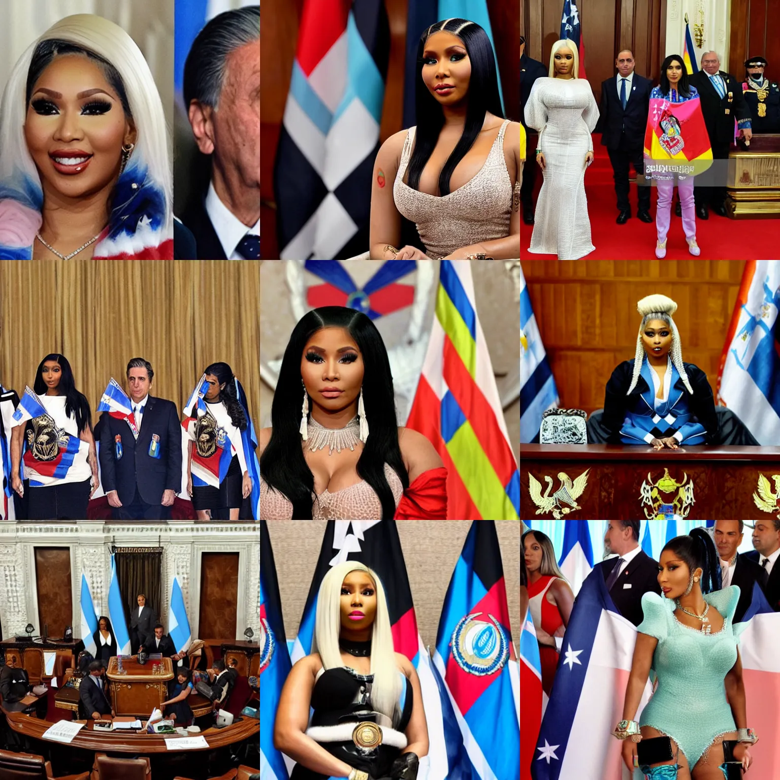 Image similar to Nicki Minaj as the president of Argentina, in the Argentine Congress, wearing presidential band, flags of Argentina behind, detailed picture