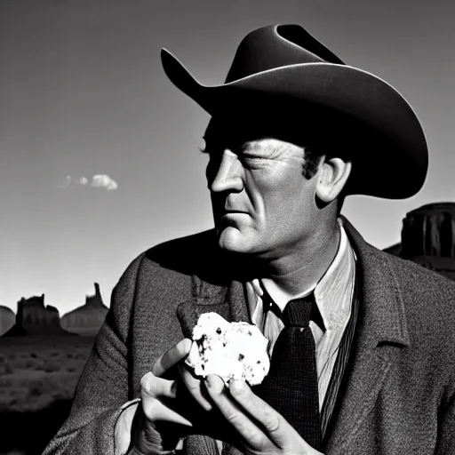 Prompt: a cinematic 5 0 s portrait photography of john wayne eating chocolate chunk space cookies, cowboy, monument valley landscape, farwest,