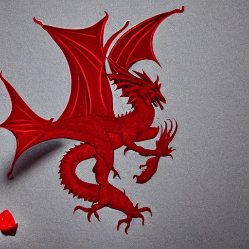 Prompt: a red dragon holding a red die, white background