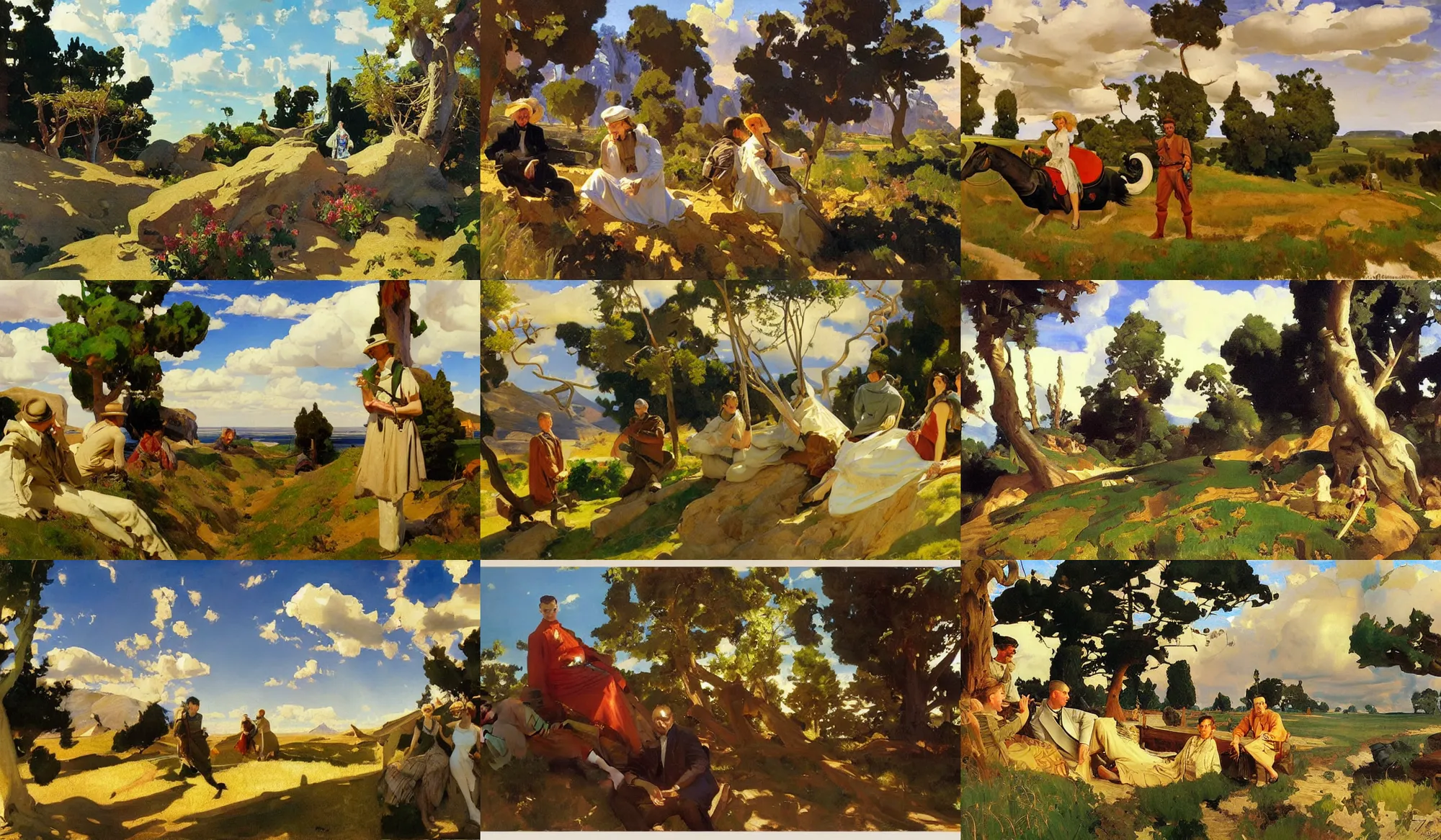 Prompt: painting by sargent and leyendecker and greg hildebrandt, james gurney, apollinaris vasnetsov, savrasov levitan polenov, studio ghibly style landscape scenery travelers in strange lands nature