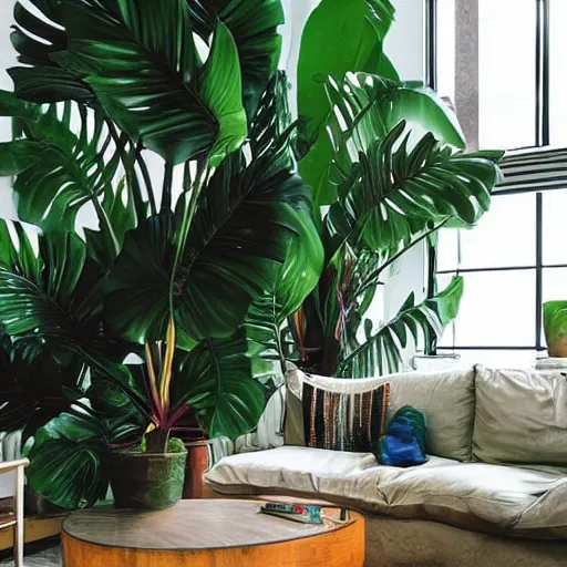 Prompt: a large room with tropical plants and musical equipment, minimal style