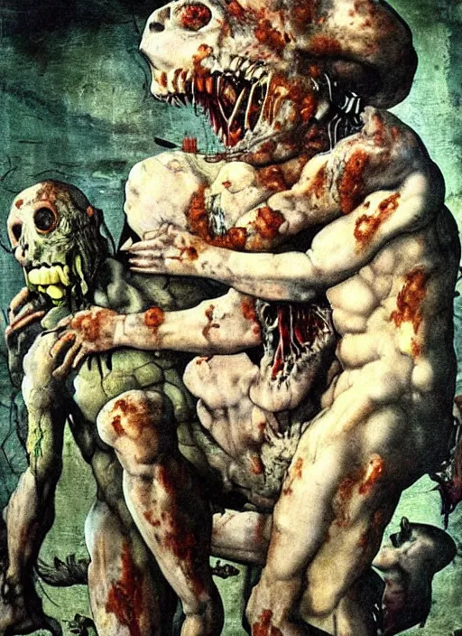 Prompt: Michelangelo painting of a disgusting vile zombie monster eating a man, cult horror, kitchen inspired by The Thing, by Cronenberg and greg nicotero