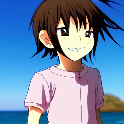 Image similar to Anime boy standing on the beach, smiling at the camera. Blue sky. Anime Still frame.