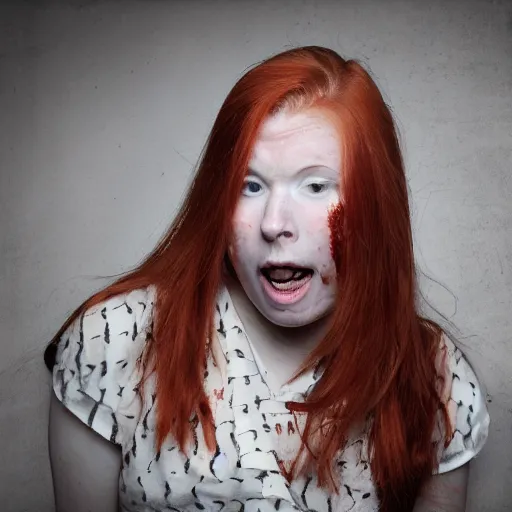 Image similar to young red headed woman in a hunger induced fit of rage