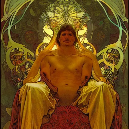 Image similar to greg davies sits on his throne as ruler of hell, oil on canvas, by alphonse mucha, gustave dore, zdzislaw beksinski