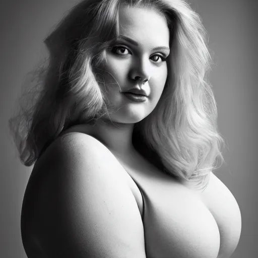 Prompt: a curvy, radiant, bubbly, 2 5 - year - old canadian plus - size model, long strawberry - blond hair, creamy skin, portrait, 8 5 mm canon f 1. 2 lens, inspired by rolf armstrong photography