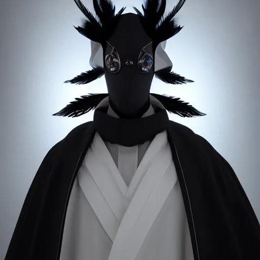 Image similar to wearing cultist white robe, the mallard order in background, black feathers, glowing arcane eyes, very detailed black feathers, ultra detailed, cgi, photorealistic, unreal engine 5, nft portrait, 3 d, digital art, 8 k, octane render, trending on art station,