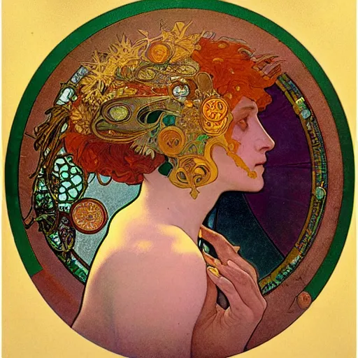 Prompt: A woman with a colored face, standing in gold foil, her face in discs, she has a diamond eye, orange Alphonse Mucha, Ernst Haeckel