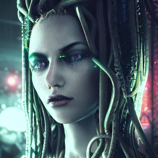 Image similar to Cyberpunk medusa, dark atmosphere, cinematic shot, intricate, ornate, photorealistic, ultra detailed, realistic, 35mm, photography, neon, octane, high definition, depth of field, bokeh, 8k, artstation