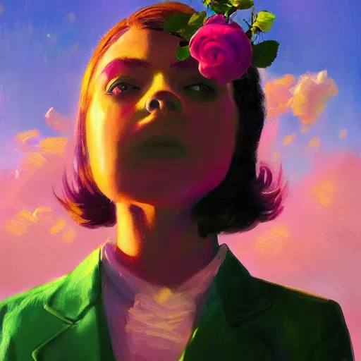 Image similar to closeup, big rose flower over head, frontal, girl in a suit, surreal photography, sunrise, dramatic light, impressionist painting, digital painting, artstation, simon stalenhag