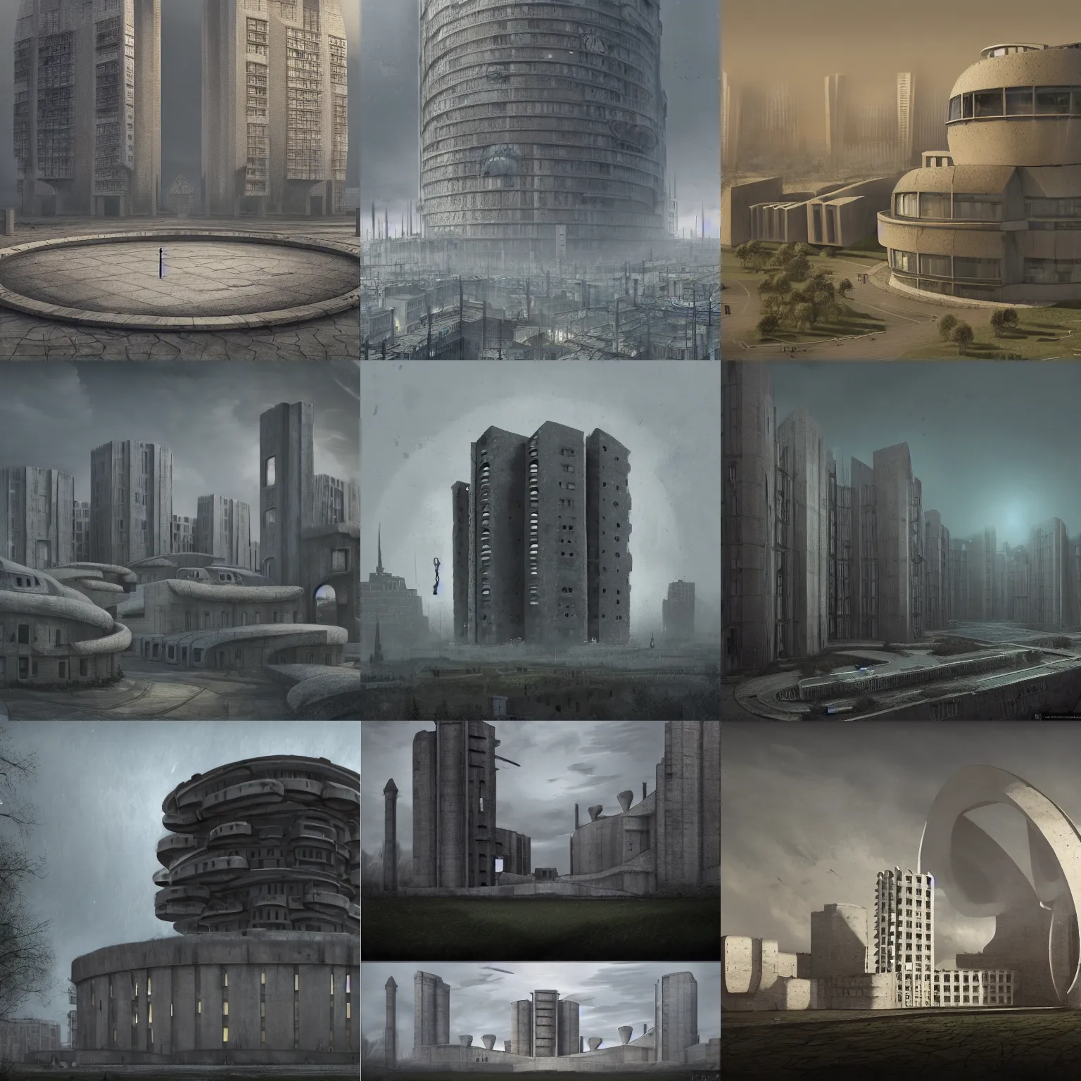 Prompt: matte painting of the exterior view of circle - shaped building. brutalist soviet architecture. dark horror fantasy. fantastical, detailed digital art trending in artstation