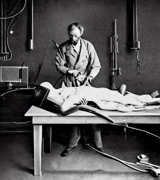 Image similar to Alien lying on an operation table in a lab, photograph from 1890, grainy, high detail, high resolution