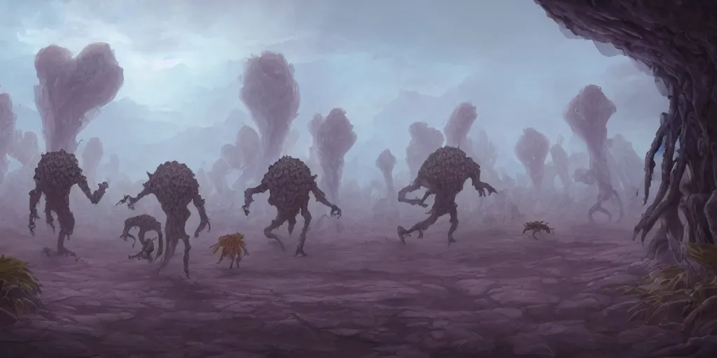 Image similar to fungus monsters walks in a desert, trending on artstation