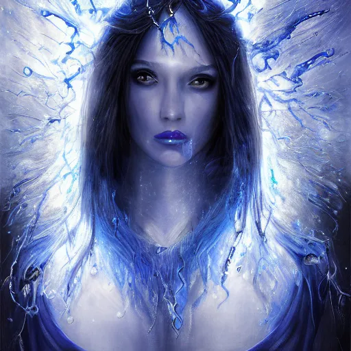 Prompt: masterpiece portrait of an aesthetic mage woman, ice spell, 3 0 years old woman, thin facial features, black dynamic hair, wearing silver diadem with blue gems inlays, silver necklace, painting by joachim bergauer and magali villeneuve, atmospheric effects, chaotic blue sparks dynamics in the background, intricate, artstation, fantasy