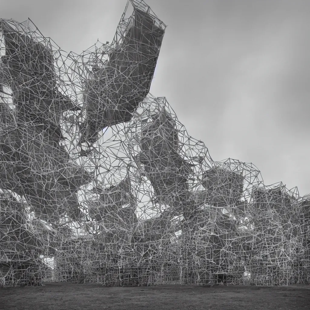 Image similar to two suspended towers made up of colourful makeshift squatter shacks, plain uniform sky at the back, misty, mamiya rb 6 7, ultra sharp, very detailed, photographed by zaha hadid