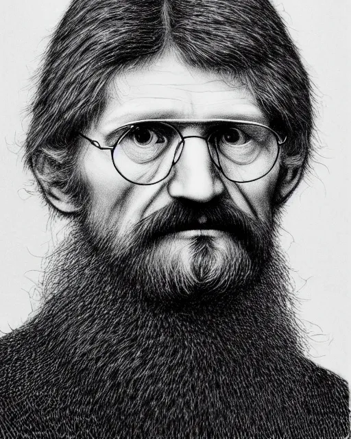 Image similar to ted kaczynski, hyper realism, fine details, deviantart artstation, extremely detailed, black and white, very sharp, in the style of albrecht durer, etching,