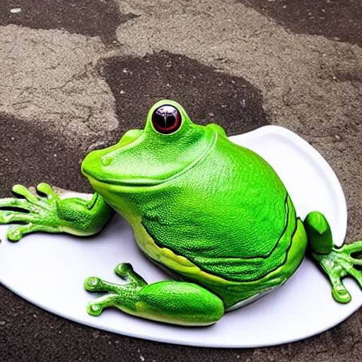 Prompt: giant frog eating a dog