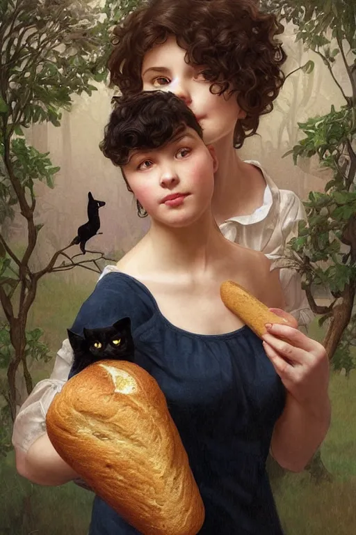 Image similar to beautiful cottagecore of a girl with short black curly hair, round face, cute face, holding a loaf of bread. There's also a black cat on her shoulder. intricate, elegant. highly detailed, digital painting, artstation, concept art, smooth, sharp, focus, illustration. . art by artgerm and greg rutkowski and alphonse mucha