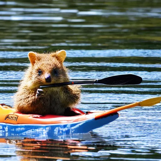 Prompt: a quokka paddling a kayak on a lake