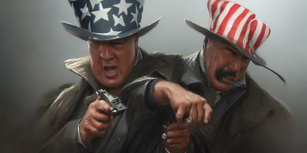 Prompt: uncle sam hitting steven seagal, intricate, elegant, highly detailed, digital painting, artstation, concept art, smooth, sharp focus, illustration, art by greg rutkowski, masterpiece, perfect composition, award - winning photography, cgsociety